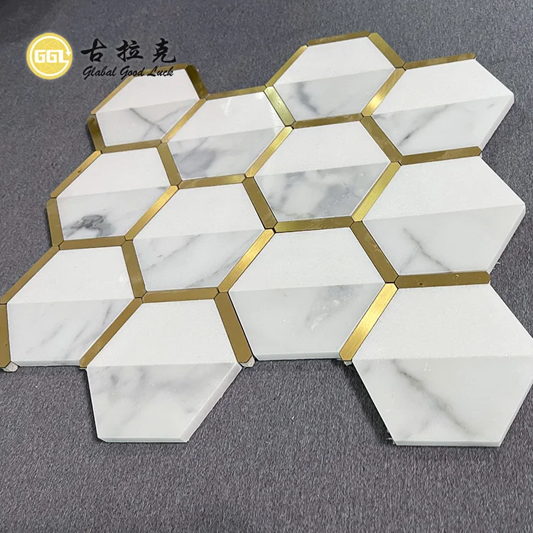 Natural Marble Mix Brass Hexagon Design Interior Decor Mosaic Tile