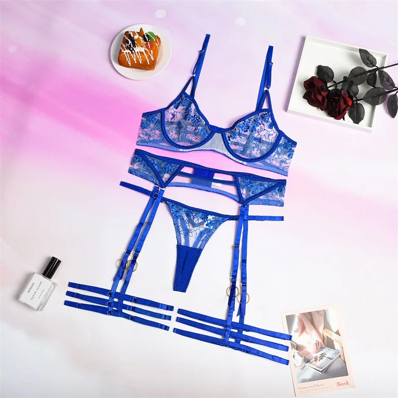 Erotic Blue Lingerie Transparent Embroidery Bra