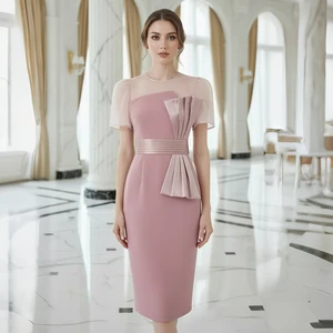 ZYHT 50821 Guangzhou Gorgeous Pink Summer Mesh Patchwork Women Lady Elegant Knee Length Pencil Office Dresses