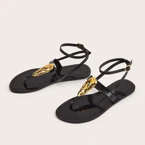 BUSY GIRL CXX157 Women's Flat Sandals with Gold Buckle& Adjustable Straps Split-toe Flat Sandals Ideal for Party & Street Style