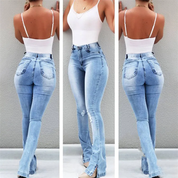 Ladies High Waist Wide Leg Raw Denim Trousers Pants Sexy Slim Skinny Fit Baggy Women's Jeans with Ripped Look