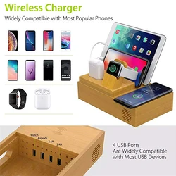 Удобная бамбуковая зарядная станция с 4 USB-портами может использоваться для нескольких устройств