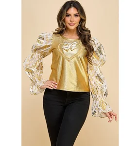 Ladies' Vintage Gold-Plated Knit Top with Floral Print Skinny Fit Breathable Fabric for Summer & Spring
