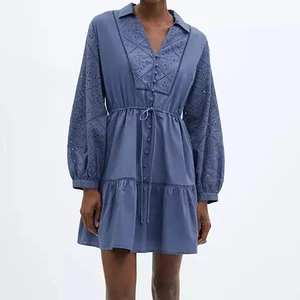 Lady Embroidered Style Long Sleeve Tiered Mini Dress With Solid Tie Waist Eyelet Shirt Custom Designed Clothing Dress Women