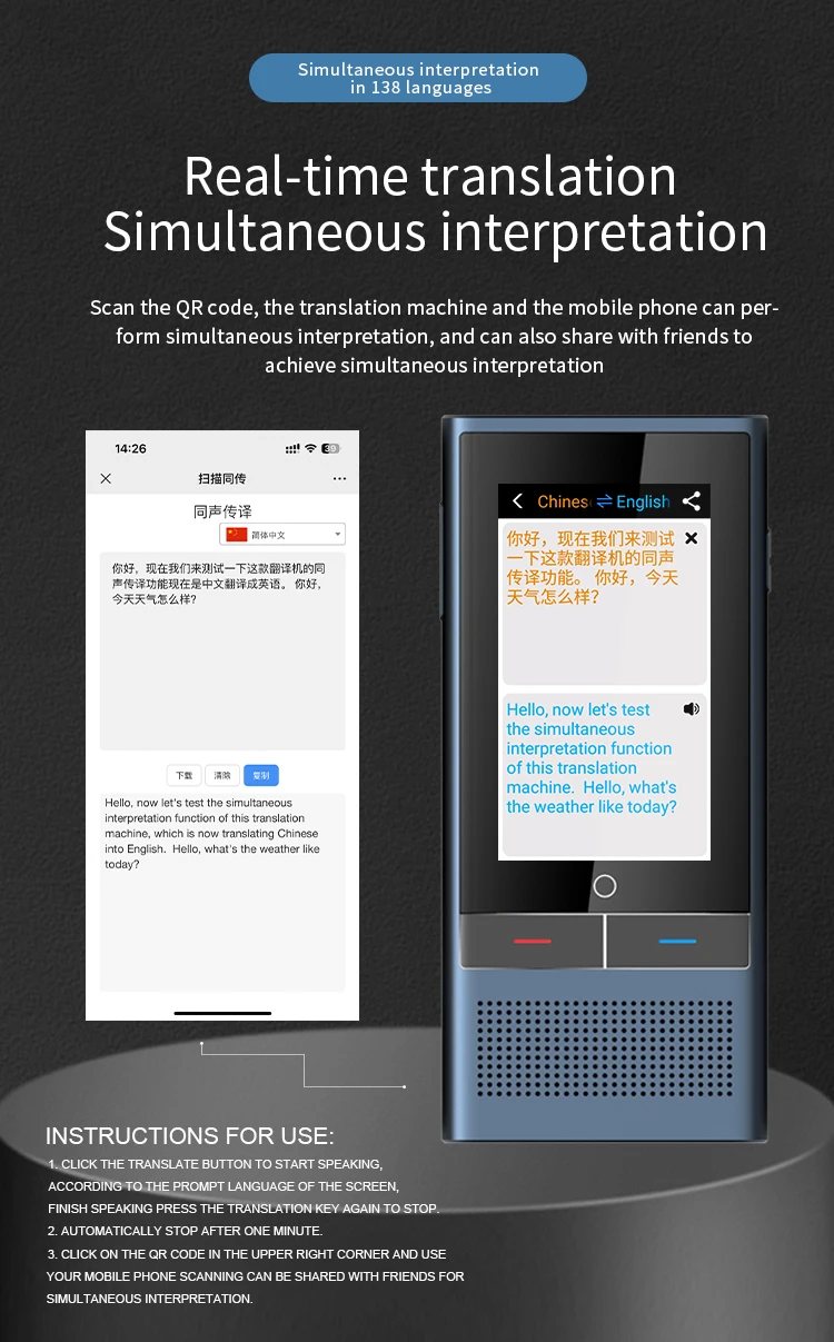 Portable AI Voice 138 Languages Mini Translator Intelligent Pocket Device for Travel Study Business