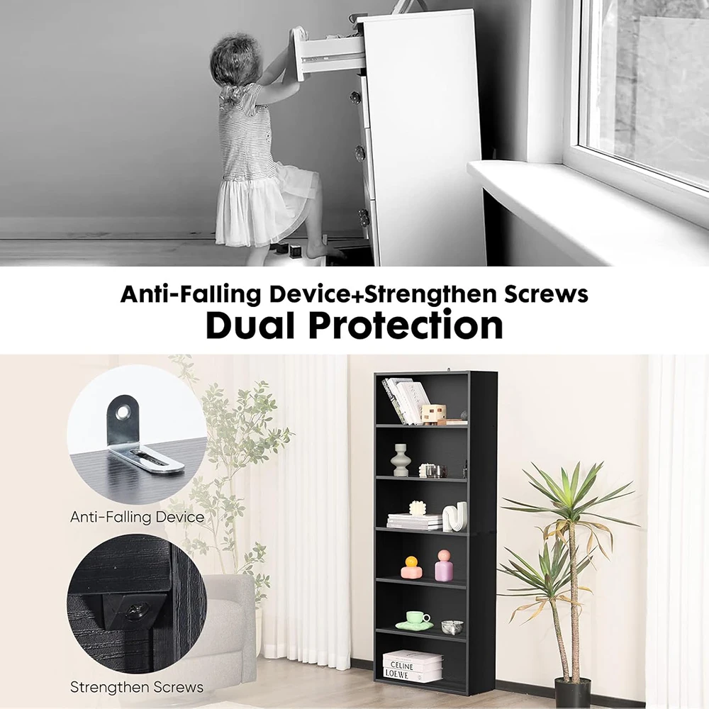 product industrial wooden 6 shelf modern large 63 inch tall floor standing open bookcase anti tipping device home office living room-3