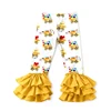 White Base Cartoon Engineering Truck Print Ruffle Flare Pants