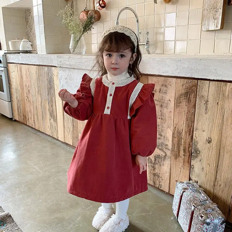 Spring 3 Years Girls Birthday Dress Baby Girls Children Red Long Sleeve Dresses