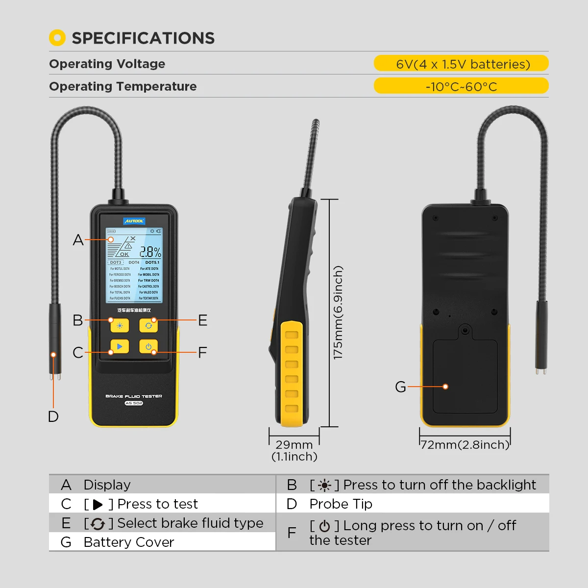 AUTOOL Factory AS502 Professional Electronic Dot Brake Fluid Digital Tester for Cars