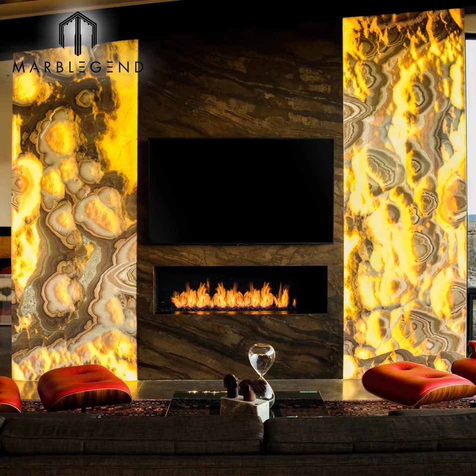 Living Room Backlit Wall Cladding Design Natural Yellow Bubble Orange Onyx Slab