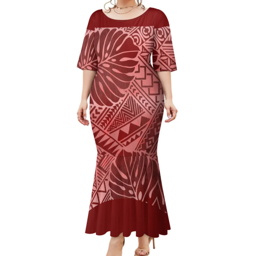 elegant knee length formal dresses Hawaii Flowers Mix Tribal Pattern Off Shoulder Long Dress main image 1