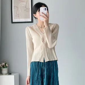 Fast Shipping Women's Fashion Shirt Design Autumn Long-sleeved Solid Color T-shirt Wholesale Miyake Pleated Top