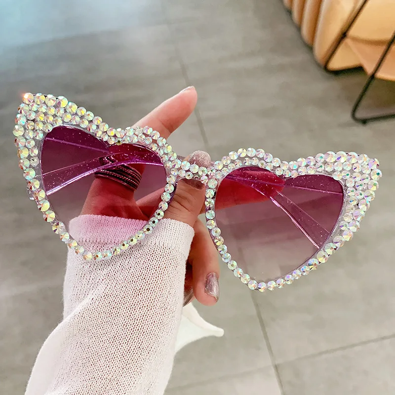 Rhinestone Sun Glasses Shades Diamond-studded Heart Sunglasses Pink Bling  Cat Eye Women Sunglasses