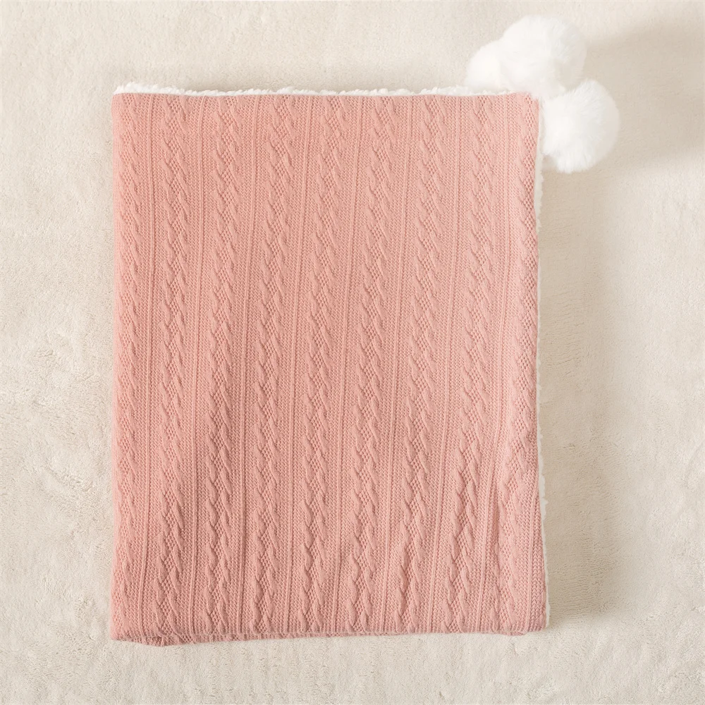 2023 Winter Toddler Cable Knit Throw Blankets Sherpa Fleece Pom Pom