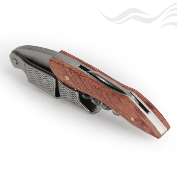Multi-Functional 3-in-1 Pocket Wine Bottle Opener Tool Double Hinged Wood Handle Stainless Steel Folding Wine Corkscrew Opener