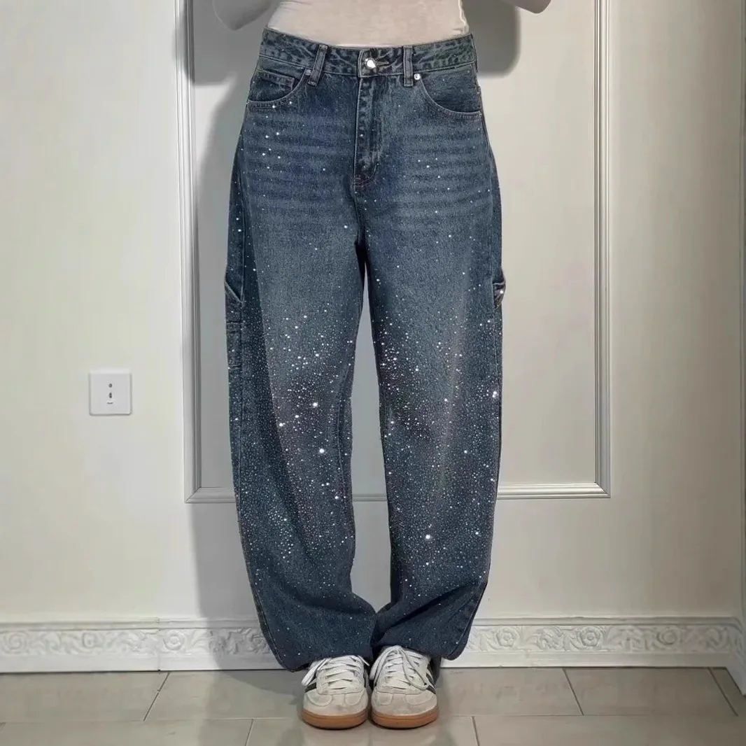 Spring/Summer for New European American Starry Rhinestone Straight High Waist Slimming Casual Trousers