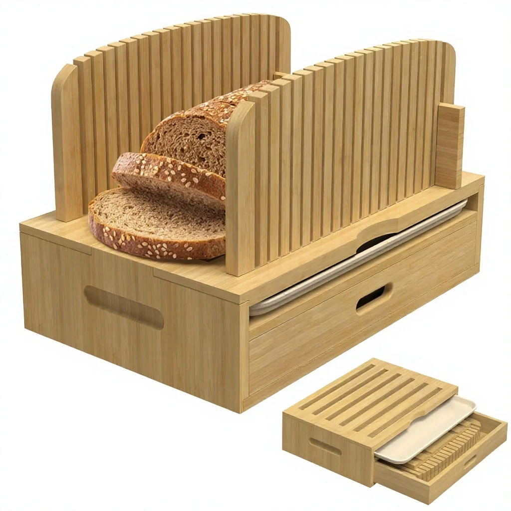 Wholesale Homemade Bread Loaf-Adjustable Foldable Space Saving with Crumb Tray Bamboo Bread Slicer Guide Bread Cutter