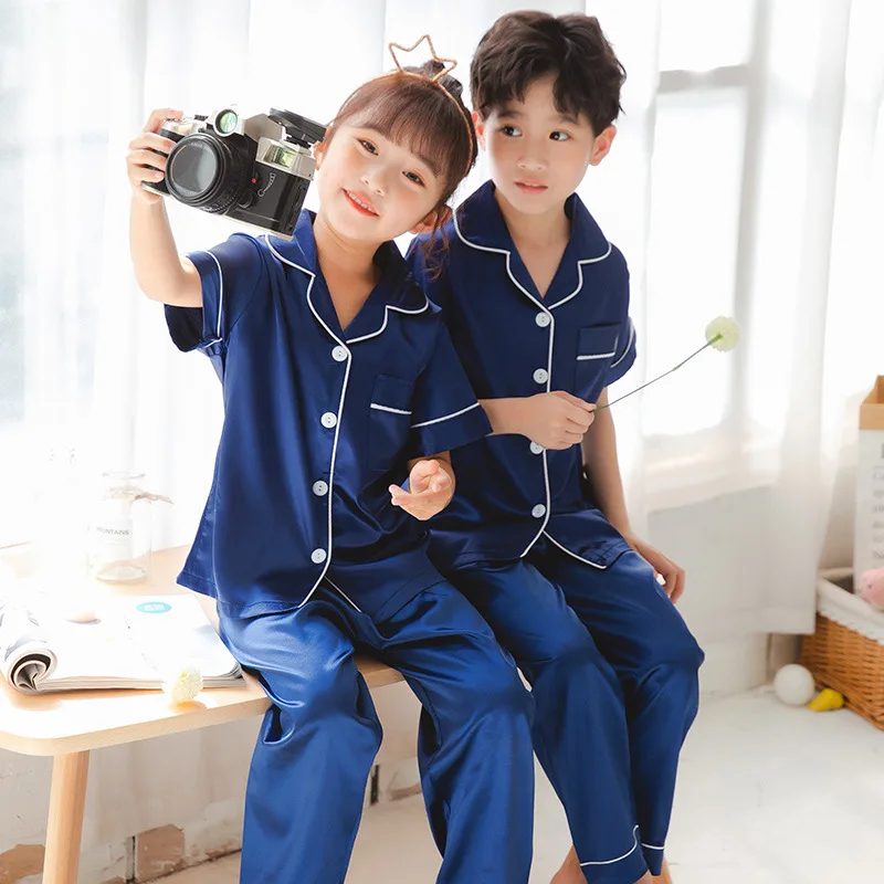 Blue Satin Silk Pajamas Sets For Teen Girls Boys Pyjamas Long/Short Sleeve  Top Pants Pijama Set Autumn Kids Sleepwear Child Pjs