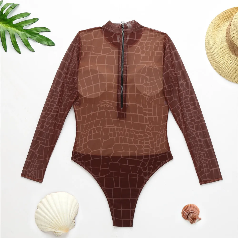 Custom Sexy Sheer Zipper up One Piece Swimsuit Sexy See-through Bathing  Suit Women