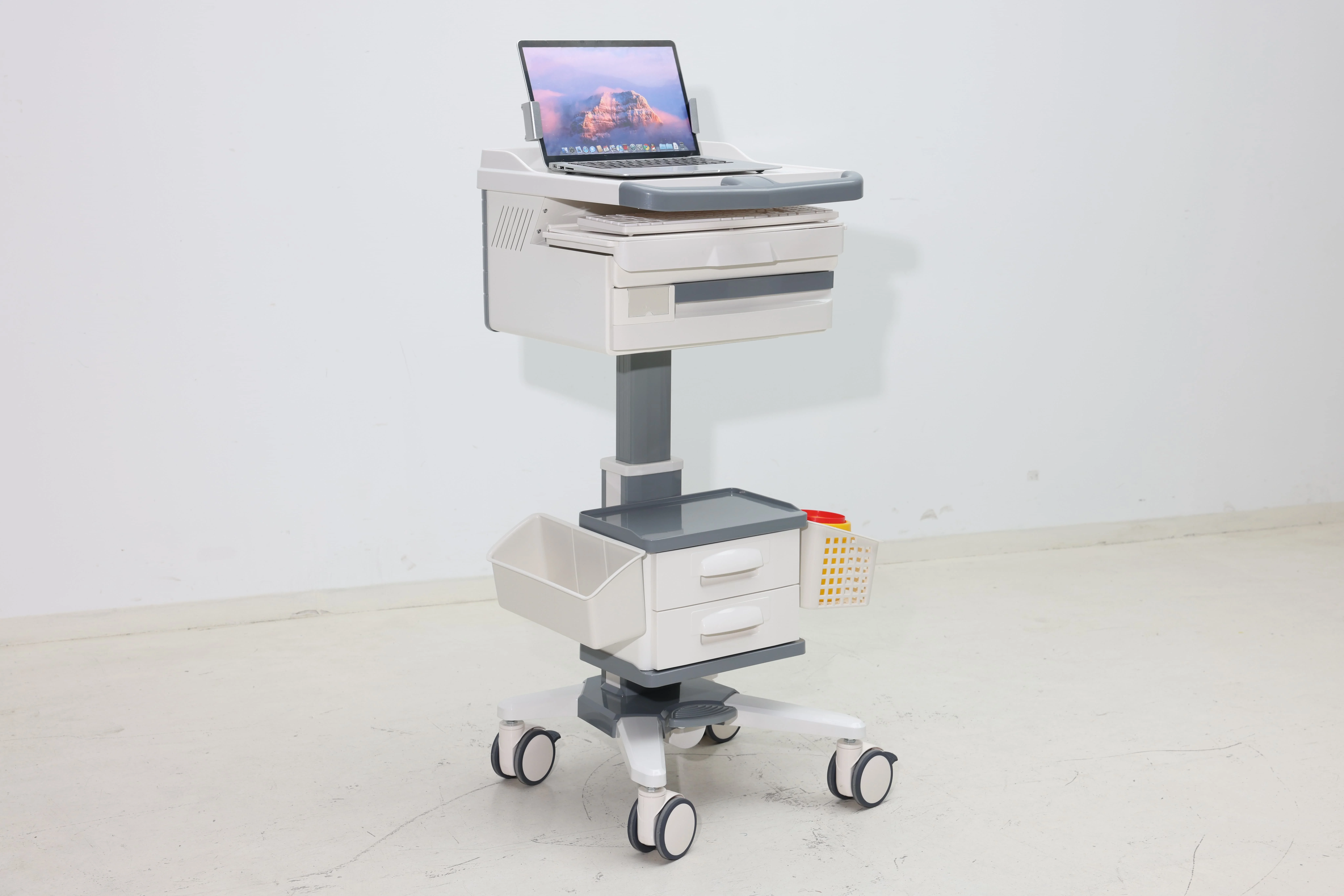 Professional Hospital-Grade Adjustable Mobile Medical Laptop Cart Keyboard Tray Mouse Platform ABS Storage Drawers CE ISO 2