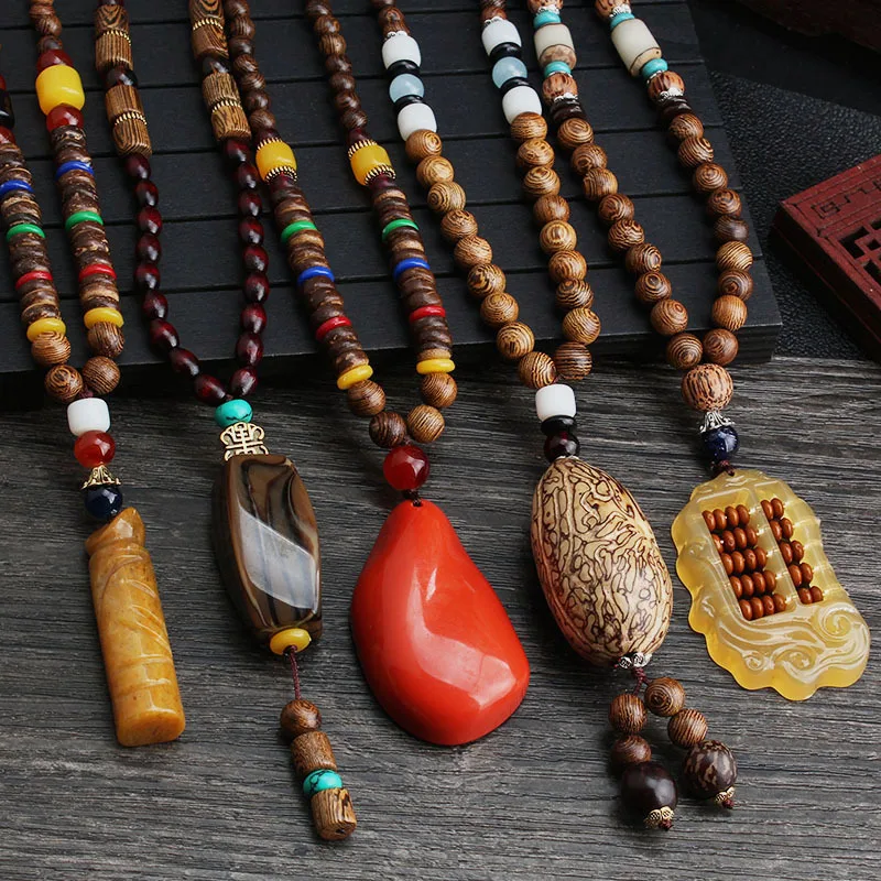 Wholesale Boho Jewelry Men Vintage Nepal Necklace Religion Tribal Wood  Beads Jewelry Handmade Long Boho Beaded Necklace Women