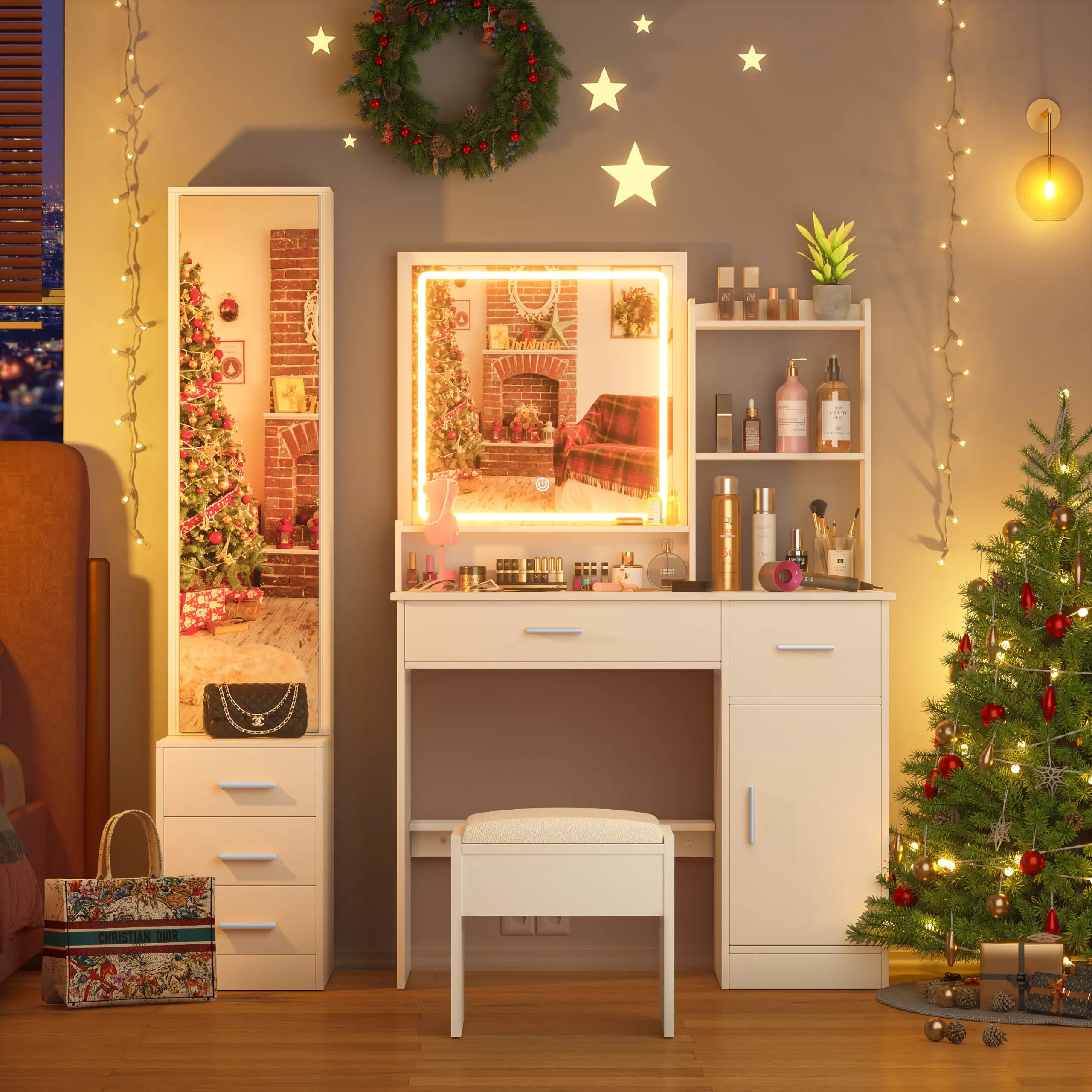 Modern Fancy New Design LED Intelligent Control Mirror Dressing Vanity Desk Table Movable Wood Panel for Bedroom Apartment Use