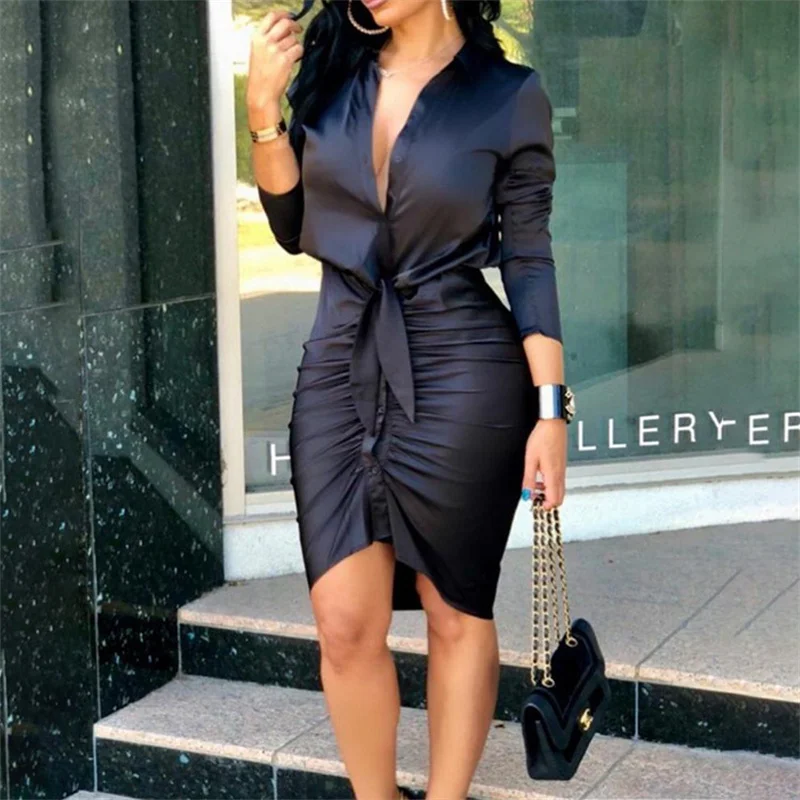 Office Ladies V Collar Long Sleeve Formal Shirt Dresses Women - Buy ...