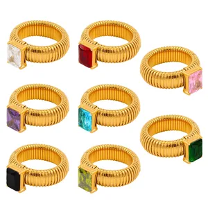 New Design 18K Gold Plated Stainless Steel Ring Colorful Zircon Waterproof and Non-Tarnish Elastic for Unisex Trendy Style