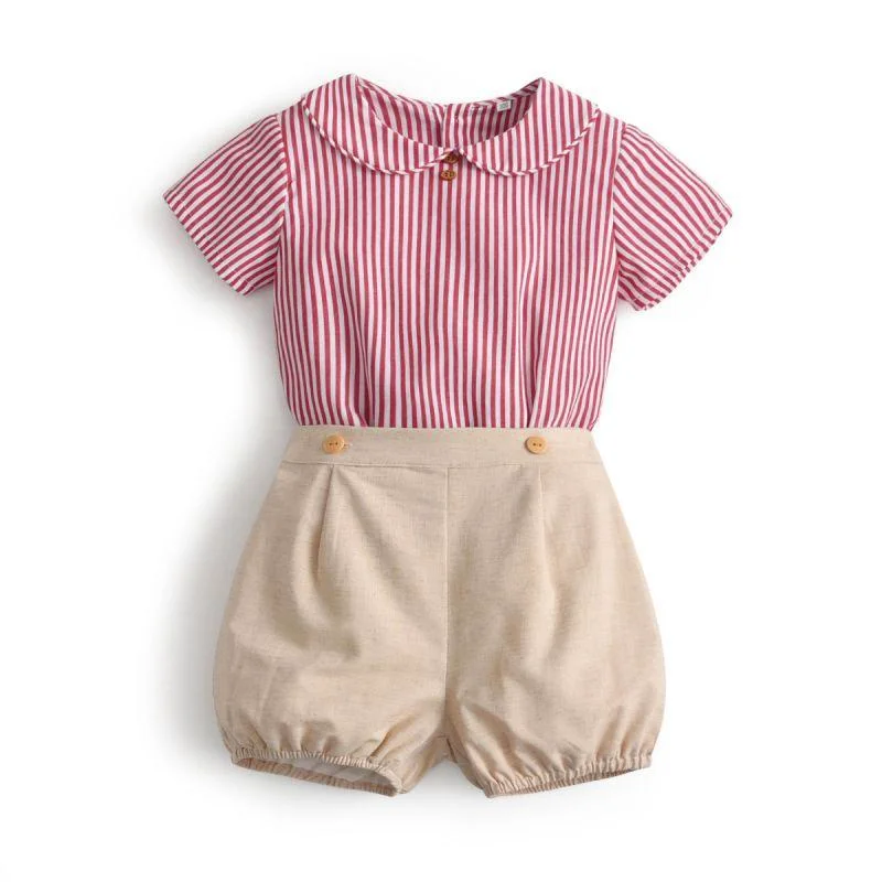 Baby Boy Blue White Stripe Train Shirt & Shorts Set Traditional Spanish Outfit 