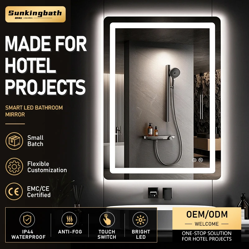 Project Supply Custom Rectangle Tempered Mirror Frameless Touch Control Ip65 Led Mirror Bath Vanity Smart Mirror for Apartment