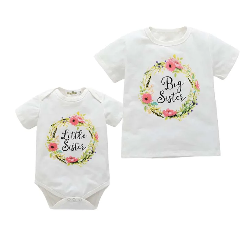 Family Clothes Kids Baby Girls Matching Big Little Sister Bodysuits Summer Short Sleeve Round Neck T Shirt Outfits Clothes