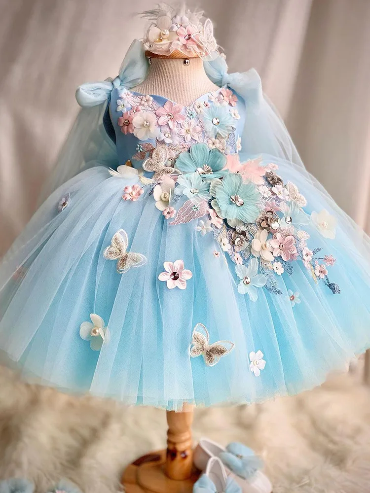 First Birthday Lolita Princess Dress for Girls Children's Sweet Satin Dress  Heavy Craft Blue Flower Lace Bow Toddler Puff Skirt