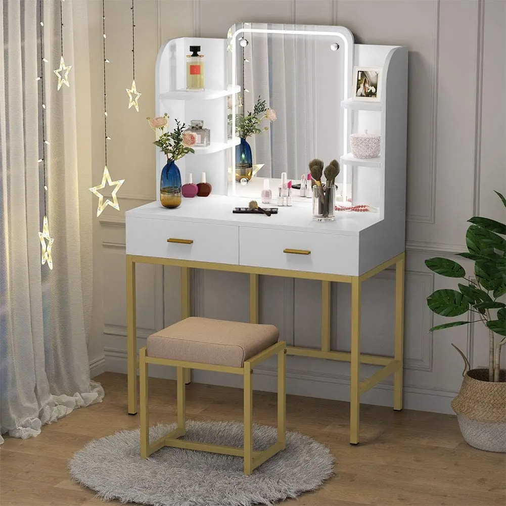 Unique Symmetrical Design Led Light Mirror Golden Iron Frame Simple Iron Dressing Table