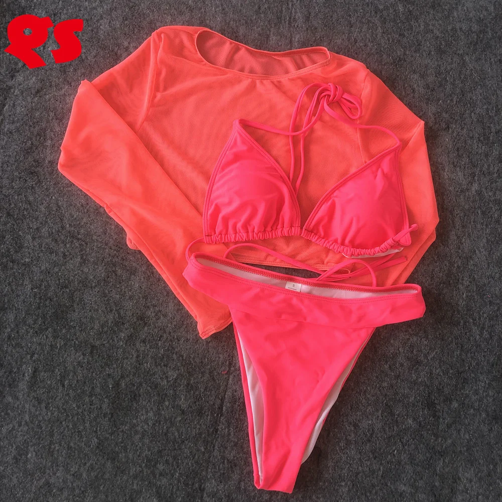 3 Piece Mesh Cover Up Neon Plain Color Micro 2021 New Design Beachwear