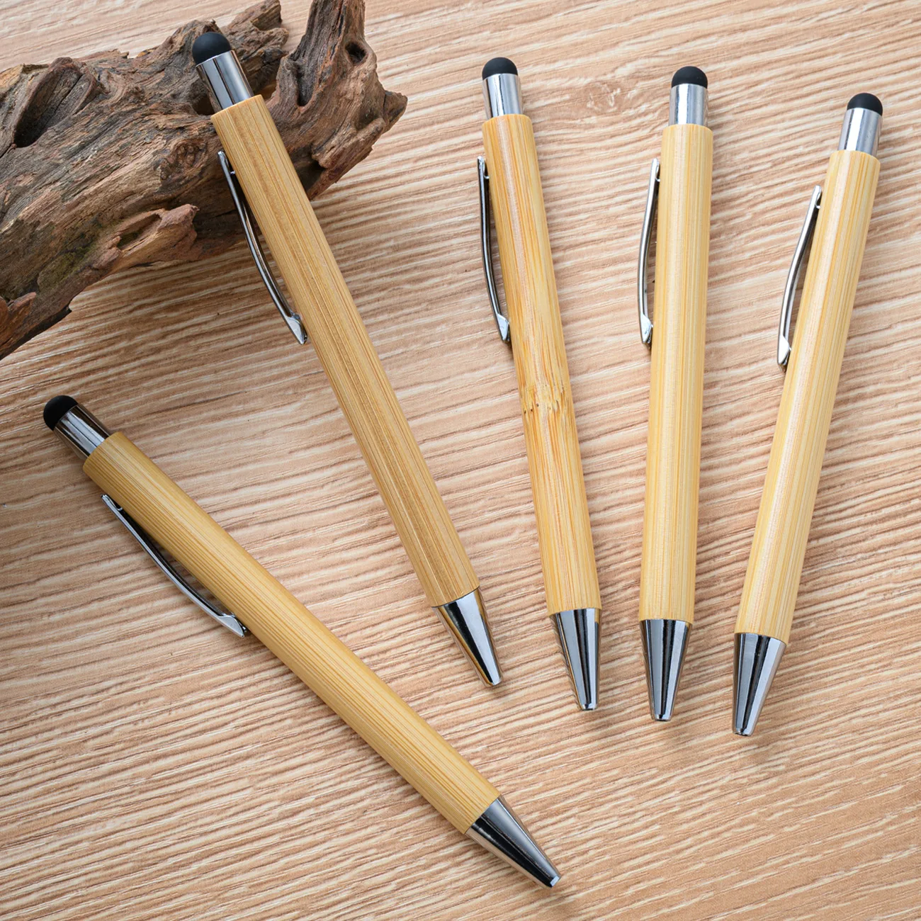Customizable Logo Bamboo Pen with Retractable Touchscreen 1.0mm Writing Width for Hotels Offices Students' Advertising Giveaway