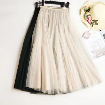 Women Elegant Tulle Long Pleated Skirt A-line tutu Lace Mesh Skirt