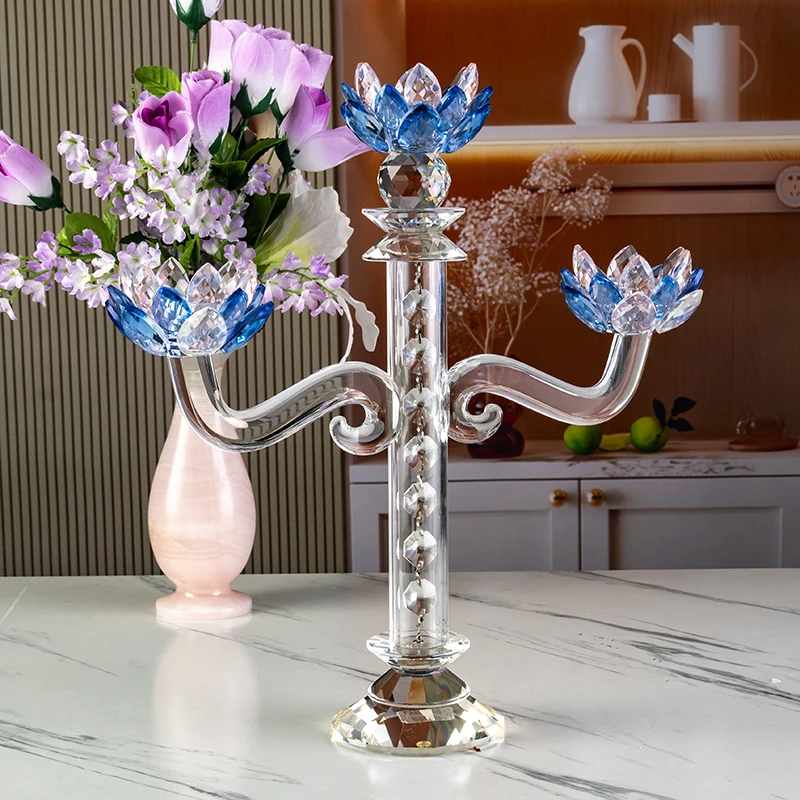 Glass Long Handle High-end Lotus Home Decoration Three Arm Glass Wedding Center Crystal Candlestick