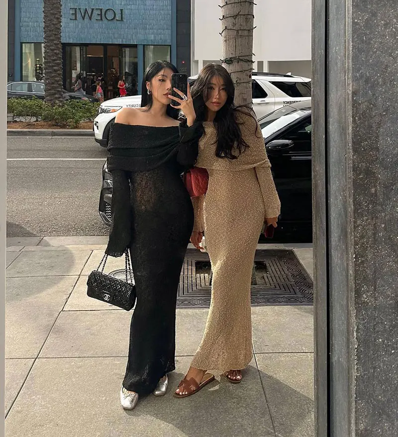 Knit Hollow Out Off-Shoulder Maxi Dress Women Cover up Knitwear Loose Long  Sleeve Holiday Beach Party Dress