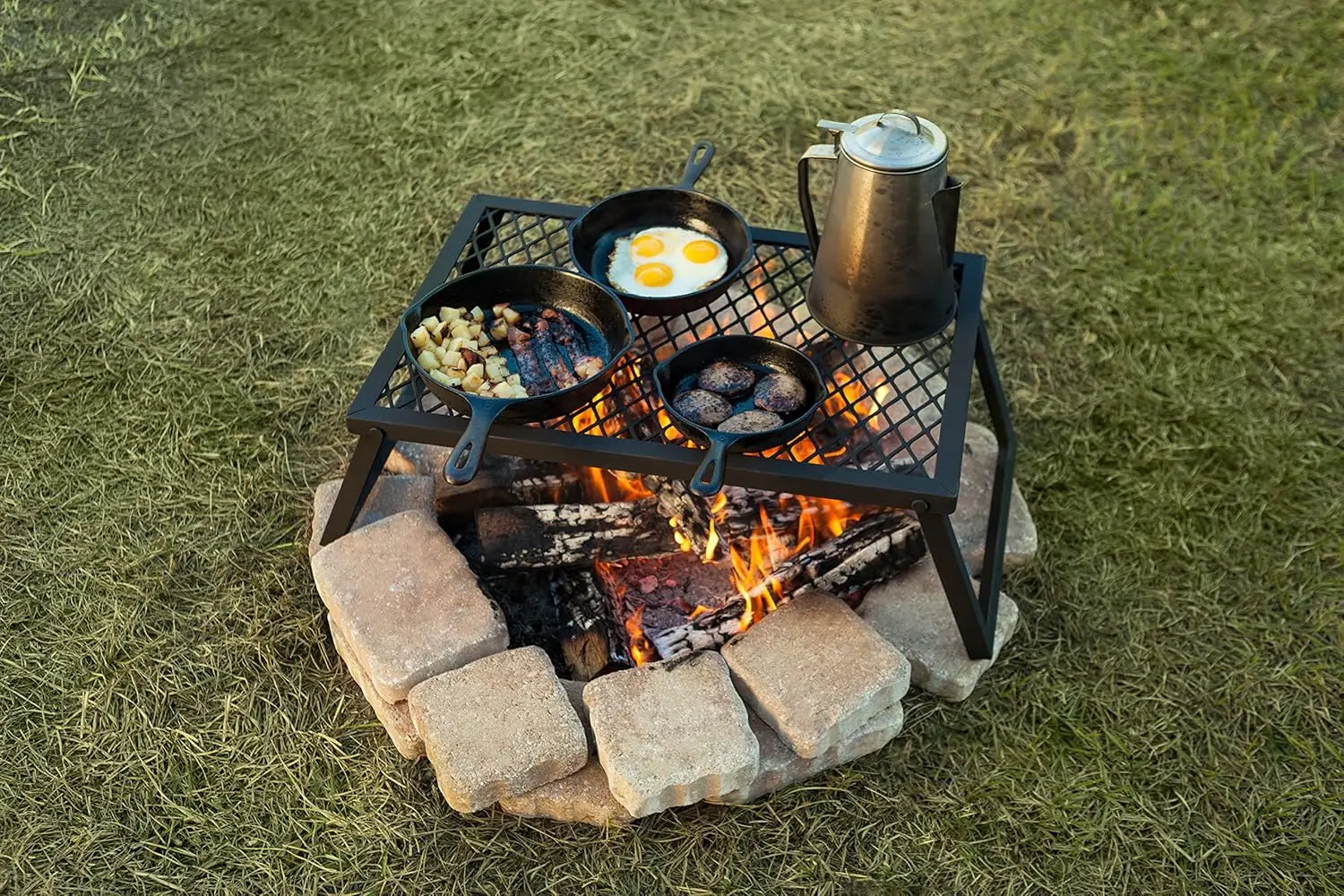 Grille De Feu De Camp Pliante En Acier Inoxydable – 38 Cm, Hauteur Réglable, Drainant, Pour Barbecue Et Camping