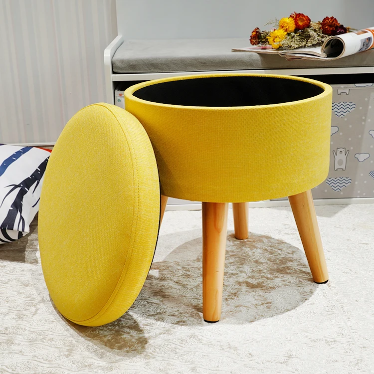 HStex Modern Home Furniture Wholesale Attractive Round Velvet Fabric Stool With Wooden Legs Yellow Ottoman
