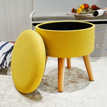 HStex Modern Home Furniture Wholesale Attractive Round Velvet Fabric Stool With Wooden Legs Yellow Ottoman