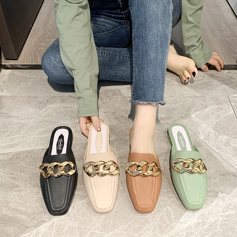 2021 Shopee летние новые модные полуботинки женские босоножки с открытой пяткой; Тапочки 3 больших золотых колец цепь для женская обувь