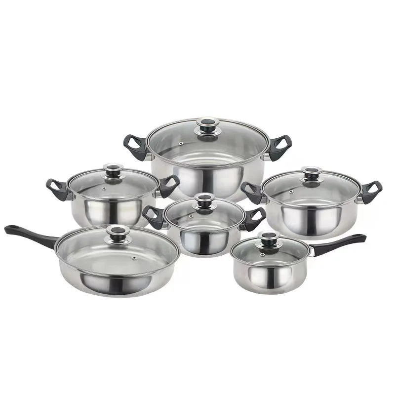 12-piece Stainless steel cookware set milk soup pot frying pan kettle non- stick wood grain glass lid - AliExpress