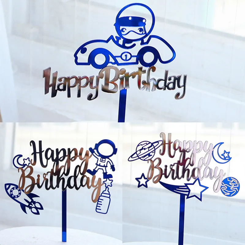 double layer acrylic boy happy birthday cake decoration astronaut party acrylic cake topper-1