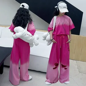 Korean Style Summer Teenagers Suits Outwear Solid Color Rhinestone Fashion Girls Sets Clothes for Kids