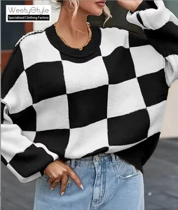 European American Women's New Cross-Border Hot Selling 100% Acrylic Sweater Contrast Color Checkerboard Front Knitted Loose