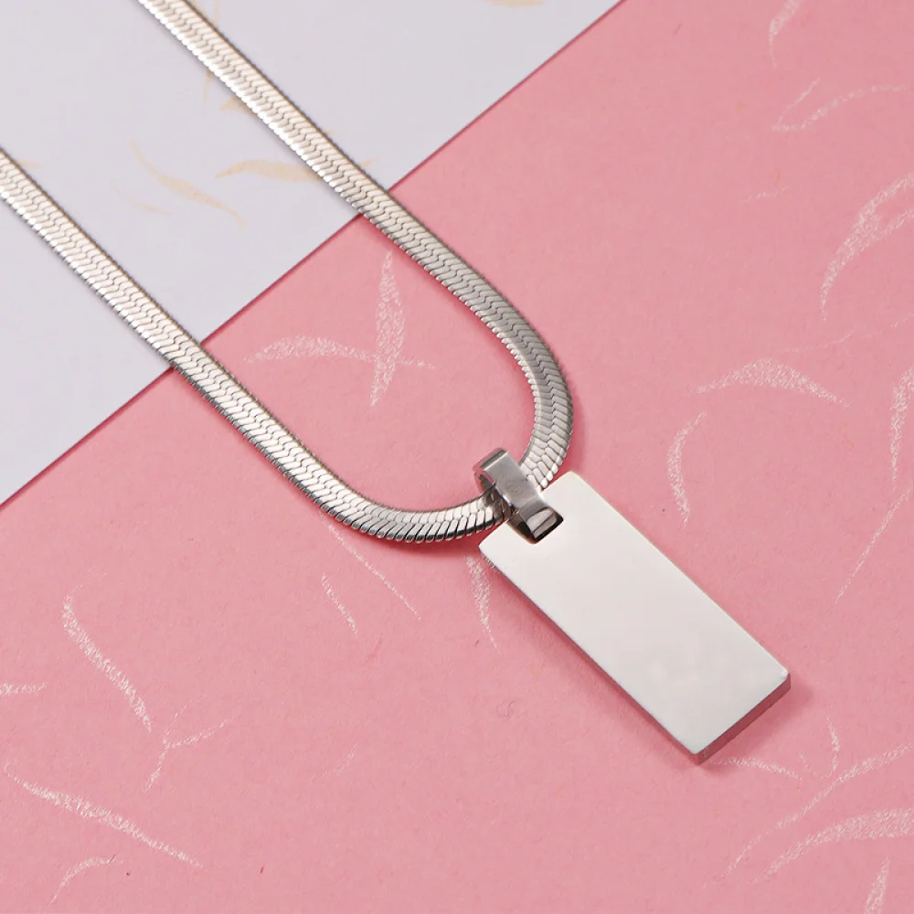 Tarnish Free Fashion Jewelry Flat Snake Chain Stainless Steel Rectangle Engrave Blank Pendant Logo Name Plate Custom Necklace