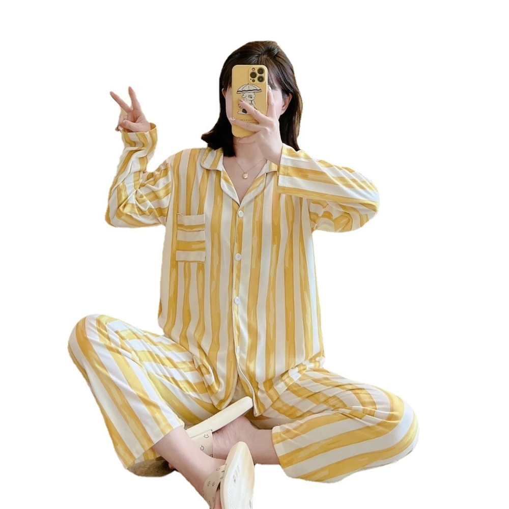 New winter long sleeve cotton lapel open button color stripe two piece pajamas for women