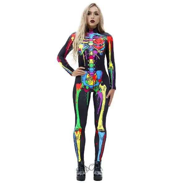 Women Kid Skeleton Skull Jumpsuit Bodysuit Halloween Fancy Dress Cosplay Costume 