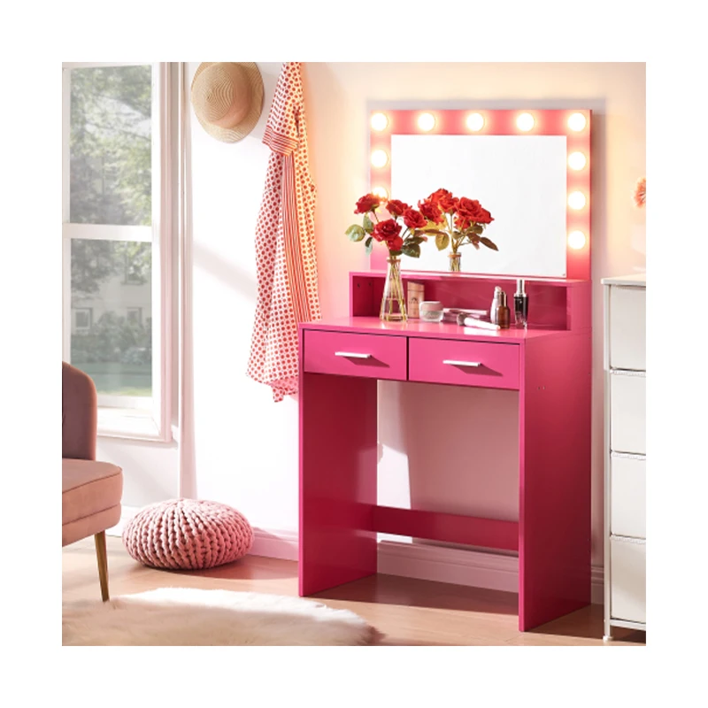 Modern Pink Small Dressing Table with LED Lighted Wall Mirror and Drawer Vanity Anti-Fog Ready Stock for Makeup America Modern Pink Small Dressing Table with LED Lighted Wall Mirror and Drawer Vanity Anti-Fog Ready Stock for Makeup America